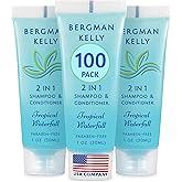 Bergman Kelly - Travel Size 2 in 1 Shampoo & Conditioner - 1 fl oz, 100 PK, Tropical Waterfall - Delight Your Guests w/Invigorating & Refreshing Shampoo Amenities - Small Hotel Toiletries in Bulk