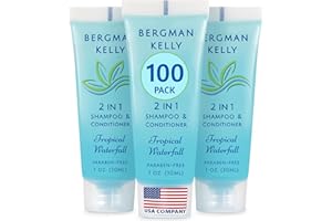 Bergman Kelly - Travel Size 2 in 1 Shampoo & Conditioner - 1 fl oz, 100 PK, Tropical Waterfall - Delight Your Guests w/Invigorating & Refreshing Shampoo Amenities - Small Hotel Toiletries in Bulk