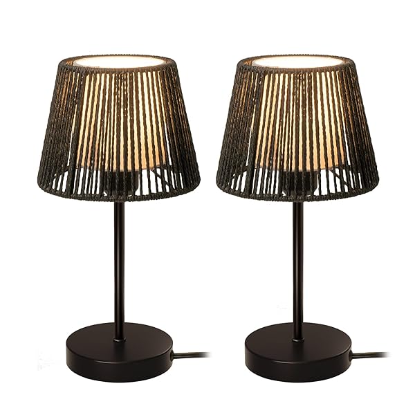 TOUCH BOHO LAMP DIMMABLE, 3-WAY BEDSIDE TABLE LAMP 14.2″, ROPE LIGHT FOR BEDROOM NIGHTSTAND FARMHOUSE, BULB INCLUDED, 2 PACKS (BLACK)
