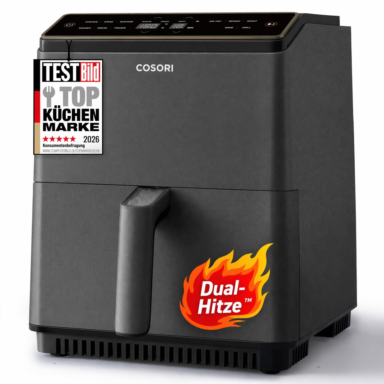 COSORI Dual Blaze Airfryer - Smart Heißluftfritteuse mit Wlan - 6,4L XXL Air Fryer - 11-in-1: Backen, Grillen, Brot, Hühnchen - 80+ Rezepte - spülmaschinenfest, Grau
