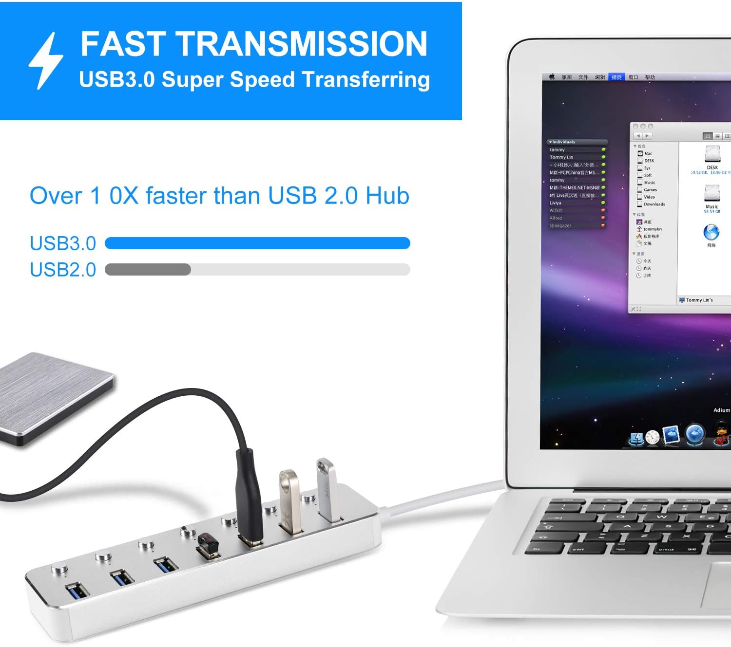 Powered USB 3.0 Hub, Aluminum 7-Port Data Hub Splitter with 5V/2A Power Adapter and USB Cable and Individual Switches for PC Laptop: Computers & Accessories
