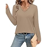 JUSTFASHIONNOW Long Sleeve Shirts for Women Lace V Neck Tunic Tops Dressy Business Casual Blouses Trendy Cute Winter Clothes