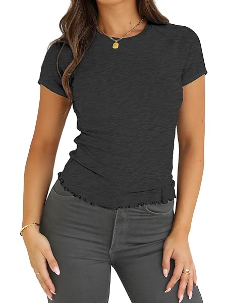 MEALMATO 2024 WOMEN’S SUMMER SHORT SLEEVE CROP TOPS WORKOUT T-SHIRTS SLIM CUTE BABY TEE BASIC BLOUSES SHIRTS BLACK