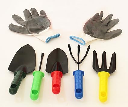 Tied Ribbons Gardening Gloves Cotton With Gardening Tools For Watering (Weeder, Cultivator, Big Digging Trowel, Small Digging Trowel, Garden Fork)