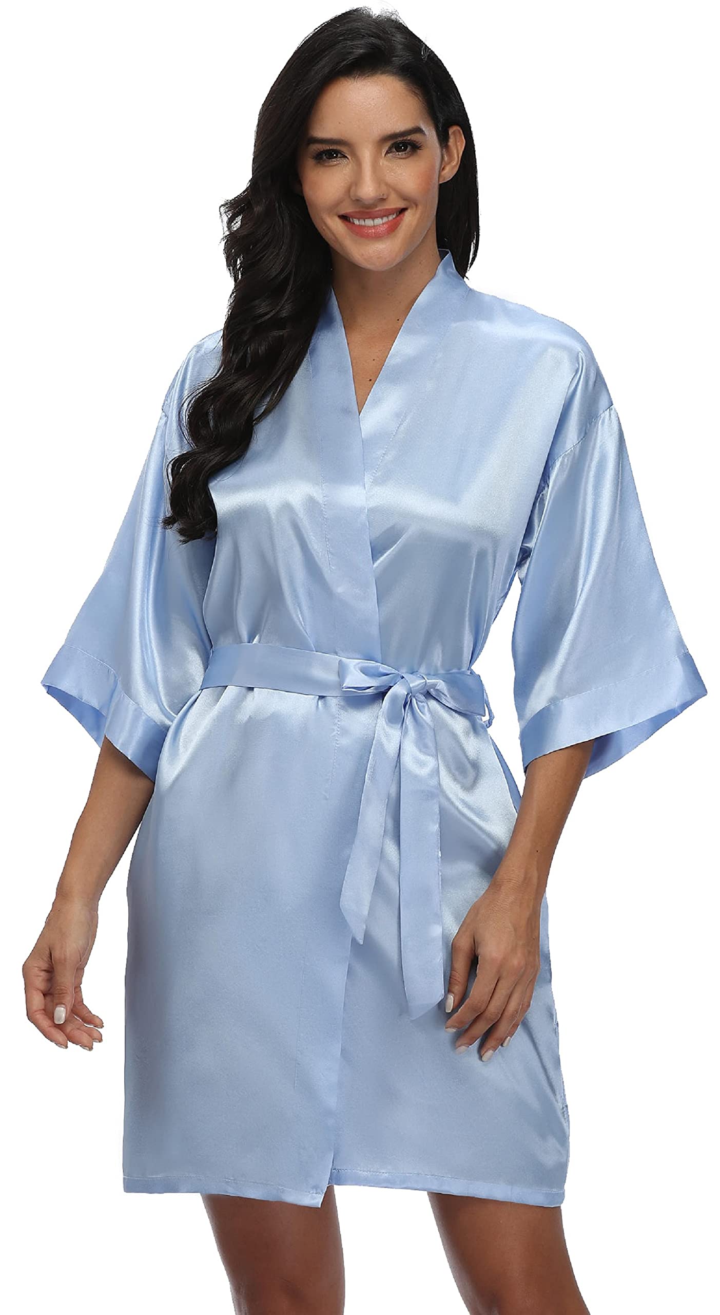 Photo 1 of PENGEE Women's Satin Kimono Robe Wedding Getting Ready Silky Bathrobe Short Bridesmaid Dressing Gown, Light Blue small