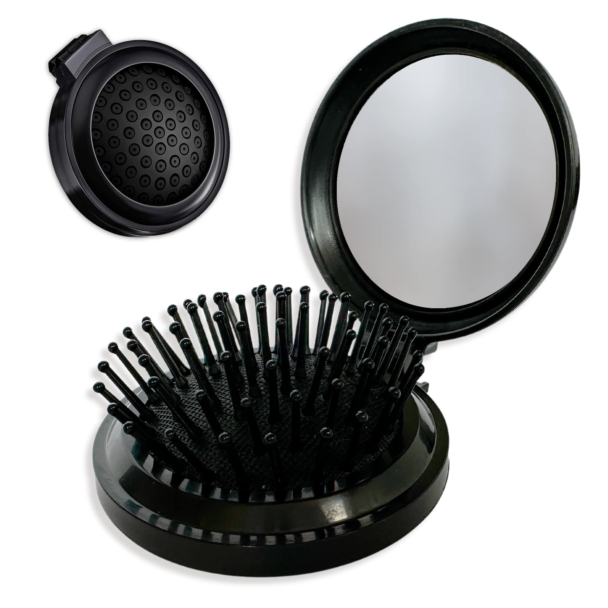 Folding Hair Brush with Mirror, Perfect to Carry in Your Bag and Apply Makeup. Small Round Pocket Detangler Comb, Easy to Use on Your Travel