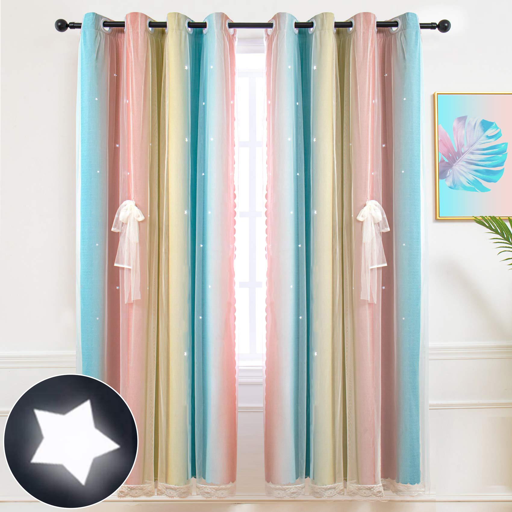 Hughapy Star Curtains for Girls Bedroom Kids Room Decor Colorful Double Layer Star Hollowed Curtain, Light Blocking Stripe Window Curtains, 1 Panel ( 52W x 84L, Pink / Blue)