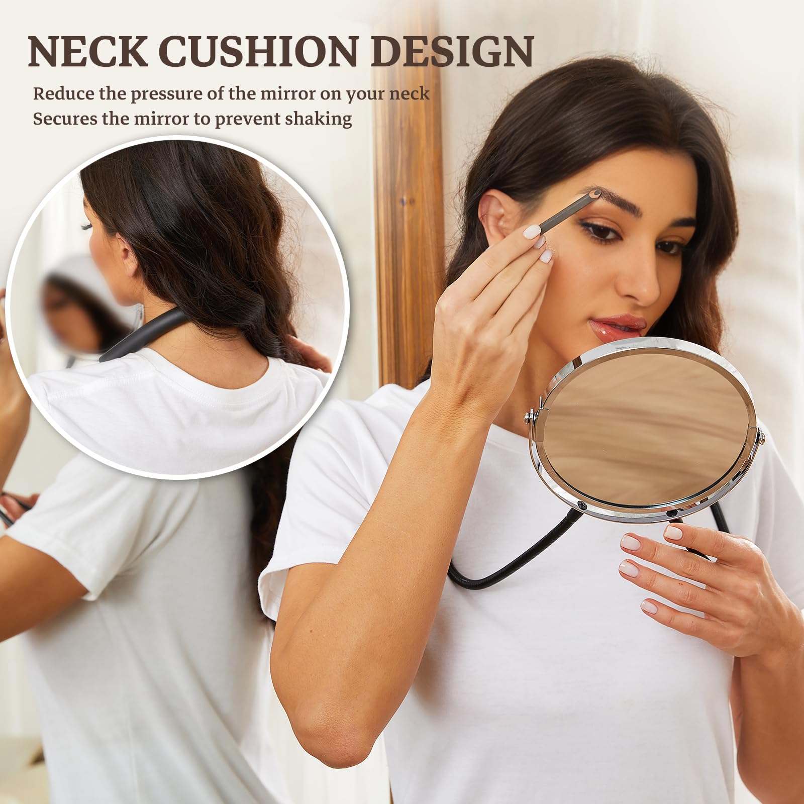 Double Sided Mirror, Standard Viewing and 5X Magnification, Mirror' arm is Flexible to Around The Neck