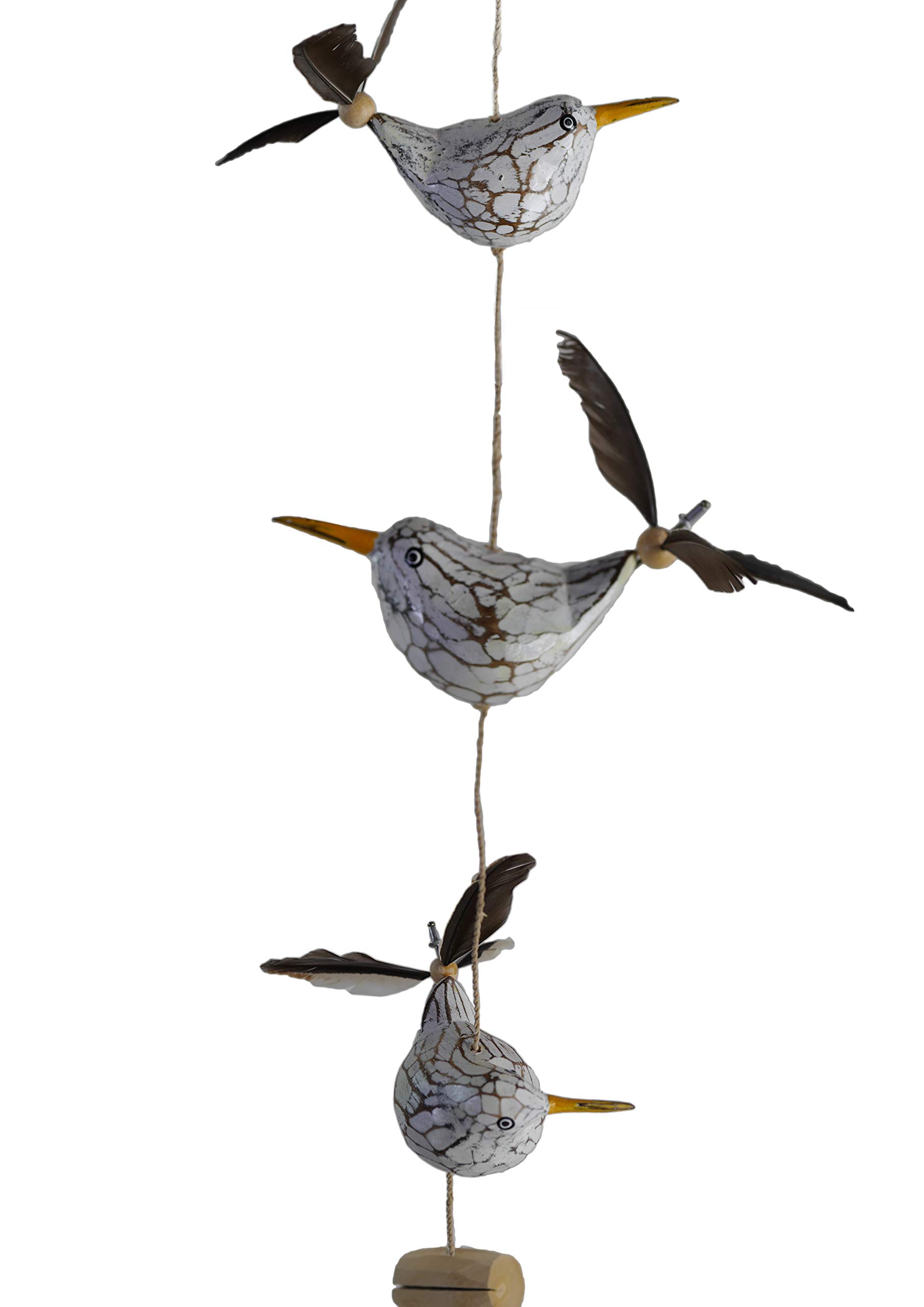 ART-CRAFT Seagull Wind Chime with Feather Propeller, 3 Decorative Seagulls, Wooden Animal Figures, Maritime Decoration, 90 cm