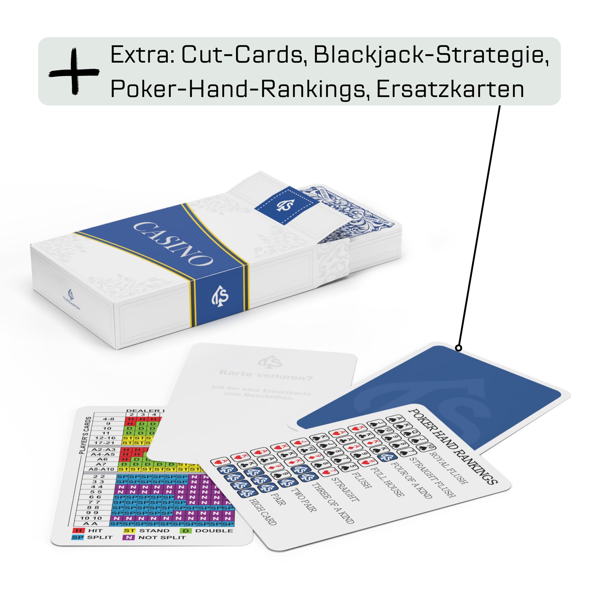 TS Spielkarten Premium Poker & Blackjack Karten 2er Set Casino | 100% Kunststoff | Wasserfest | 63x88 mm | 2 Decks mit je 57 Karten 3