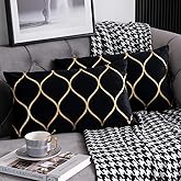 DEZENE 12x20 Inch Gold Velvet Throw Pillow Covers: 2 Pack Rectangular Decorative Pillow Cases for Bedroom Sofa Couch Living Room, Black