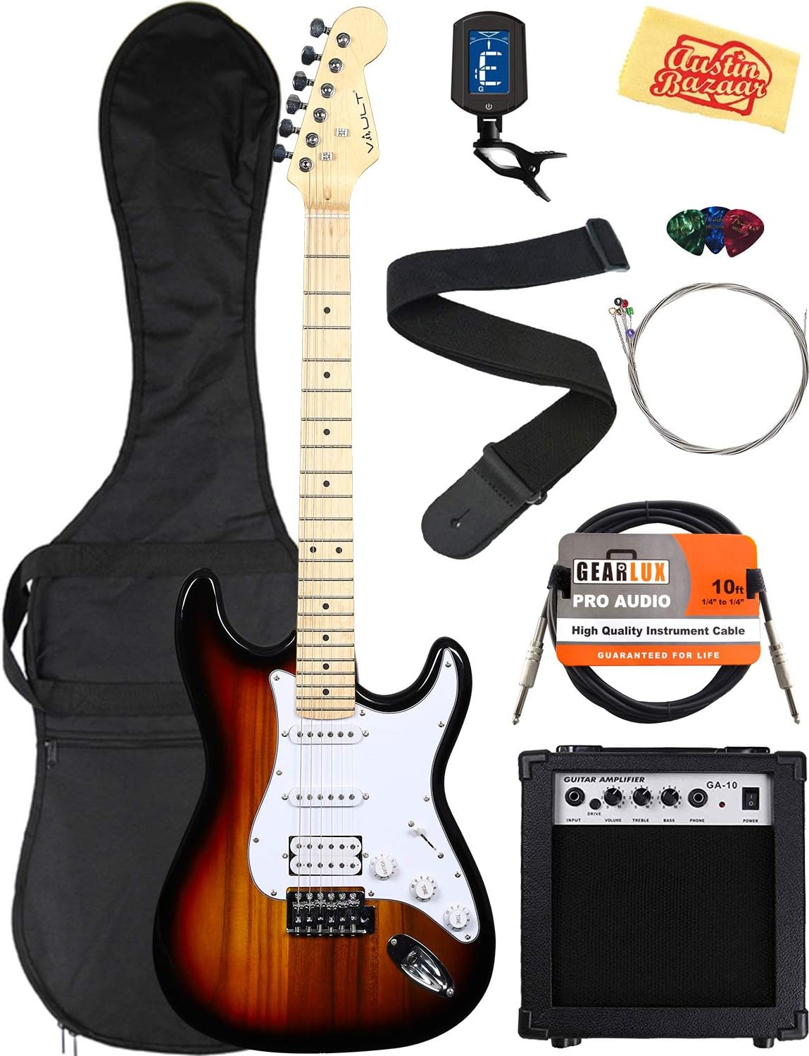 Vault Electric Guitar Bundle with Amplifier, Gig Bag, Instrument Cable, Strap, Tuner, Strings, Picks, and Austin Bazaar Polishing Cloth - Sun Burst