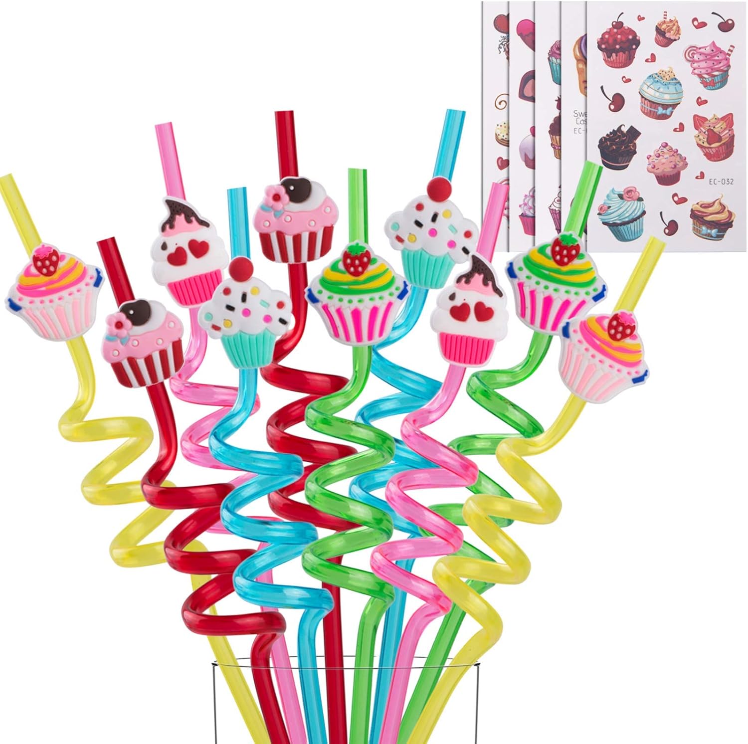 Reusable Cupcake Straws-Plastic Drinking Straws for Kids Birthday Party Decorations-Theme Birthday Party Supplies -Set of 25(20 Cupcake Straws+5 Cupcake Temporaty Tattoos)