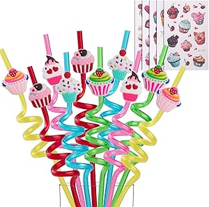 Reusable Cupcake Straws-Plastic Drinking Straws for Kids Birthday Party Decorations-Theme Birthday Party Supplies -Set of 25(20 Cupcake Straws+5 Cupcake Temporaty Tattoos)