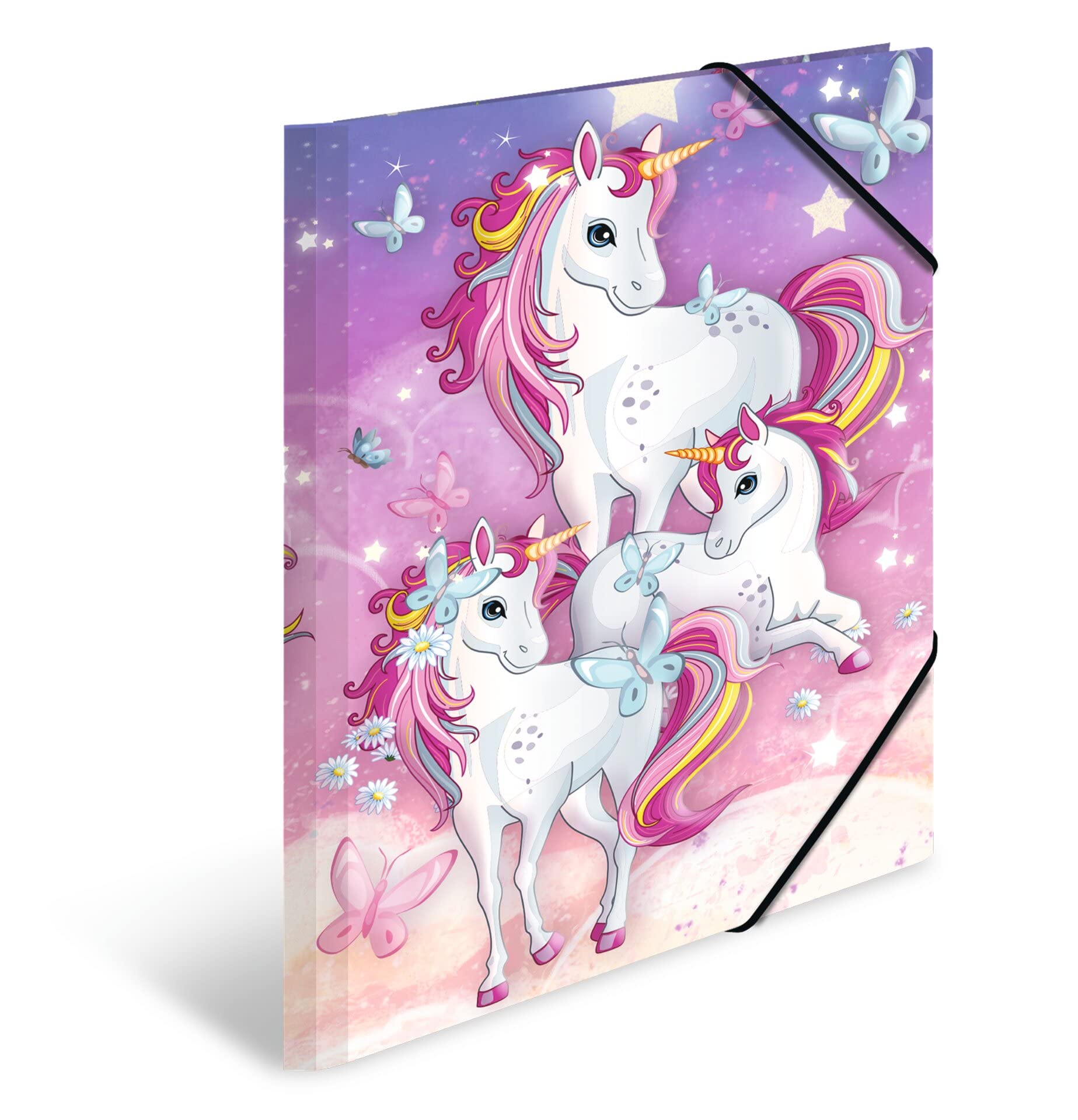 HERMA Folder A3 Unicorn Set, 3 Pieces, Corner Folder Made of Cardboard with Nursery Motif, Elastic Band, Inner Flaps and Inner Print for Boys, Girls and Children
