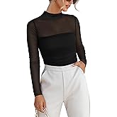ANRABESS Womens Sexy Mesh Long Sleeve Shirts Trendy Mock Neck Sheer Ruched Going Out Tops Fall Slim Fit Blouses 2025