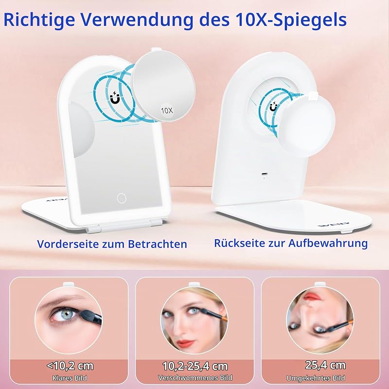 Schminkspiegel mit Beleuchtung, 10-Fach Vergrößerungsspiegel, Kosmetikspiegel mit LED Licht & Berührungssensor, Ultraheller Spiegel mit Beleuchtung für Bad, USB/Batteriebetrieb