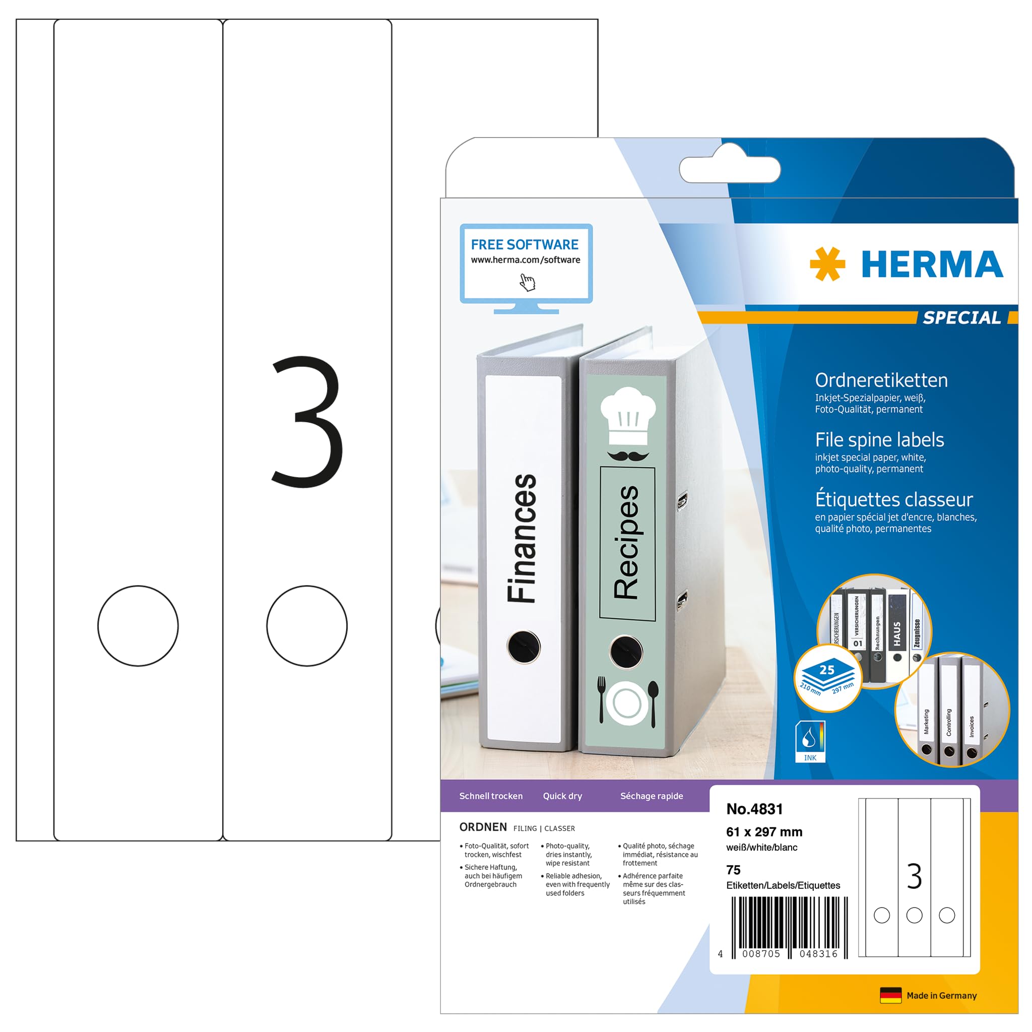 HERMA Self Adhesive Spine Labels, 3 Labels per A4 Sheet, 25 Sheets, 61 x 297 mm, 75 Labels, Blank Lever Arch File Folder Labels Stickers, Sticky Labels for Laser & Inkjet Printer, White