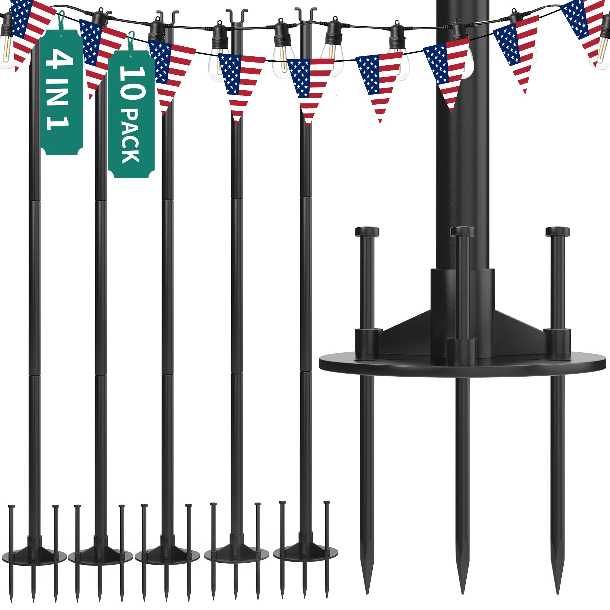 YITAHOME 10 Pack String Light Pole, 11ft 4-in-1 Outdoor String Light Pole Stand to Hang String Lights for Patio, Garden, Backyard, Wedding, Parties, Deck, Fence Black