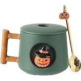 DIHOclub Adorable 3D Ceramic Pumpkin Head Mug with Lid and Spoon - Perfect for Coffee, Tea, Milk, and More - Ideal Gift for Halloween - 14 Ounces (HalloweenG)