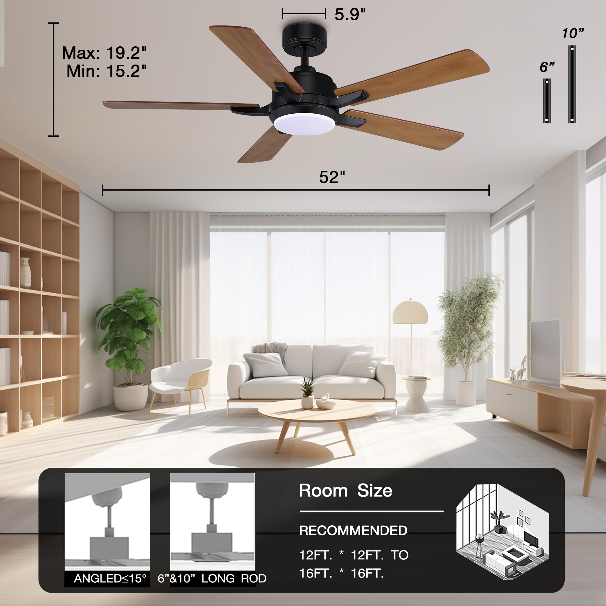 52” Smart Ceiling Fans with Lights and Remote,Quiet DC Motor,Outdoor Indoor Wood& Black Ceiling Fan,Voice Control via WIFI Alexa App,Modern Dimmable LED Ceiling Fan for Bedroom Patio Porch
