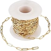Pandahall 16.4 Feet 18K Gold Plated Brass Paperclip Chains 12x4x0.8mm Soldered Flat Oval Cable Chains with Spool for DIY Necklace Jewelry Making