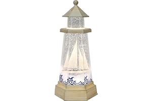 MOMENTS IN TIME Lighthouse Water Spinner Coastal Acrylic LED Light-Up Decoration with Moving Glitter Battery Operated Nautical Tabletop Lamp (3xAA Batteries Not Included)