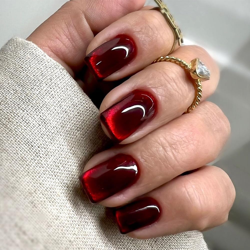 Wine Red Press on Nails Short Square Acrylic Nails Ombre Glitter Fake Nails Glossy Full Cover Glue on Nails Red Nails Press ons for Shiny Nails Manicure for Women 24Pcs