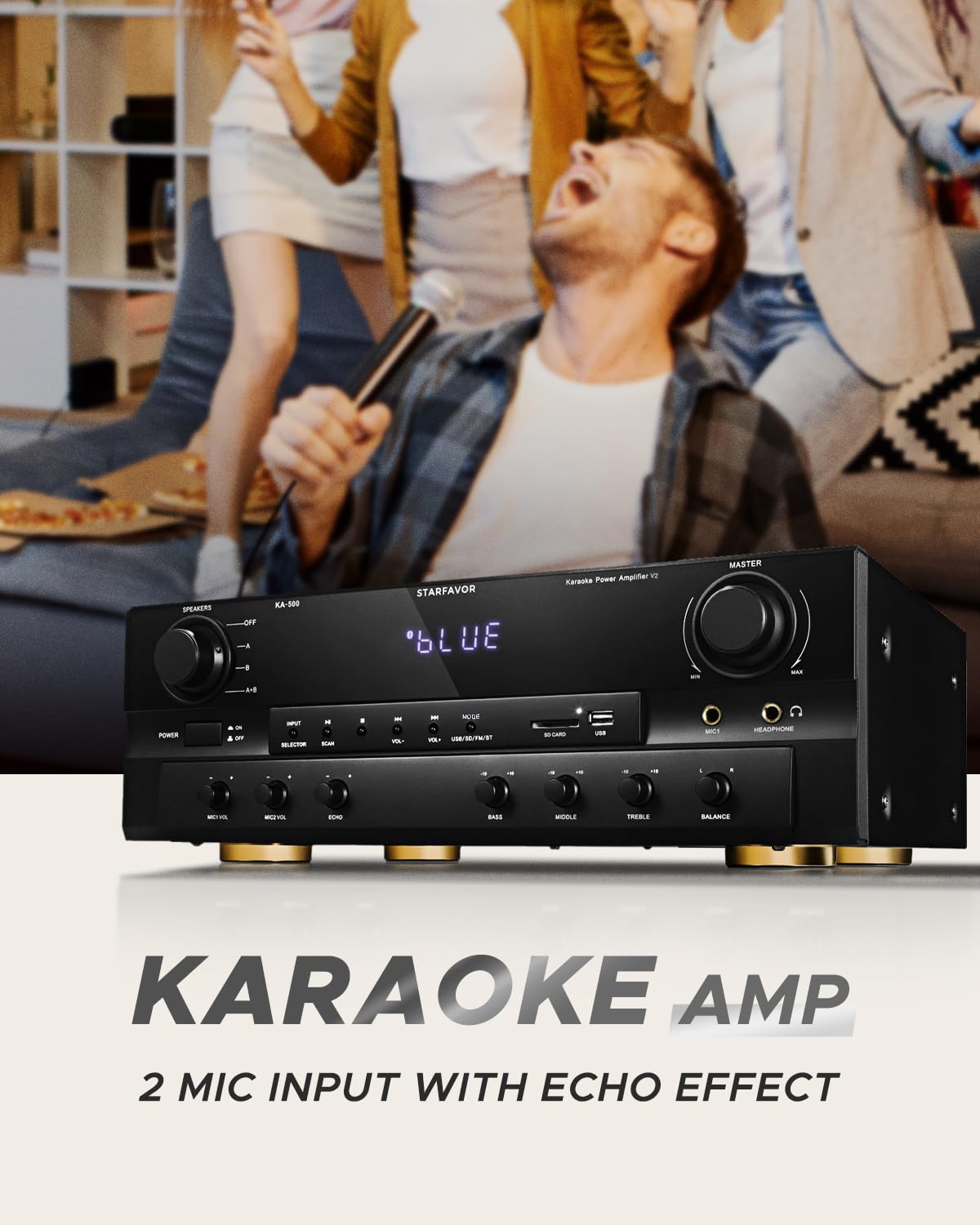 Starfavor Bluetooth Stereo Receiver w Phono Inputs, 2.1 Channel 500W Peak Power Home Audio receivers amplifiers for Speakers w Subout,RCA in,USB,SD,FM,2 MIC in Echo and Headphone Jack KA-500