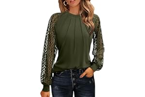 Hotouch Women's Lace Long Sleeve Tops Dressy Business Casual Blouses Front Pleated Work Shirts Summer Clothes