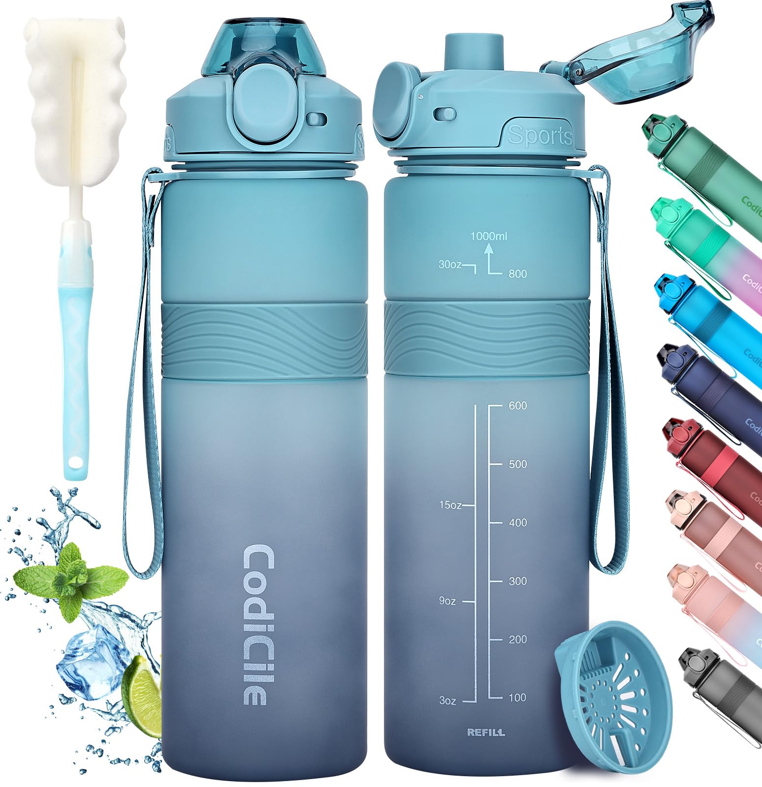 CodiCile Water Bottle, BPA Free 1l Water Bottle Leak Proof Drinks Bottle, Large Sports Bottle Great for Gym, School, Office and Travel (Light Dark Blue)