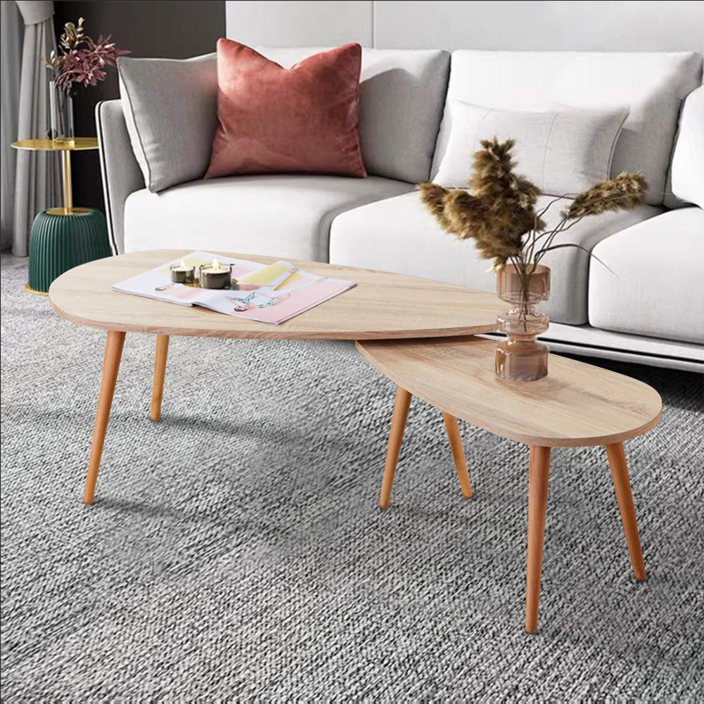 GOLDFAN Triangle Solid Wood Coffee Table Set Nest of 2 Tables Modern Sofa Coffee Side Table for Living Room Office Furniture