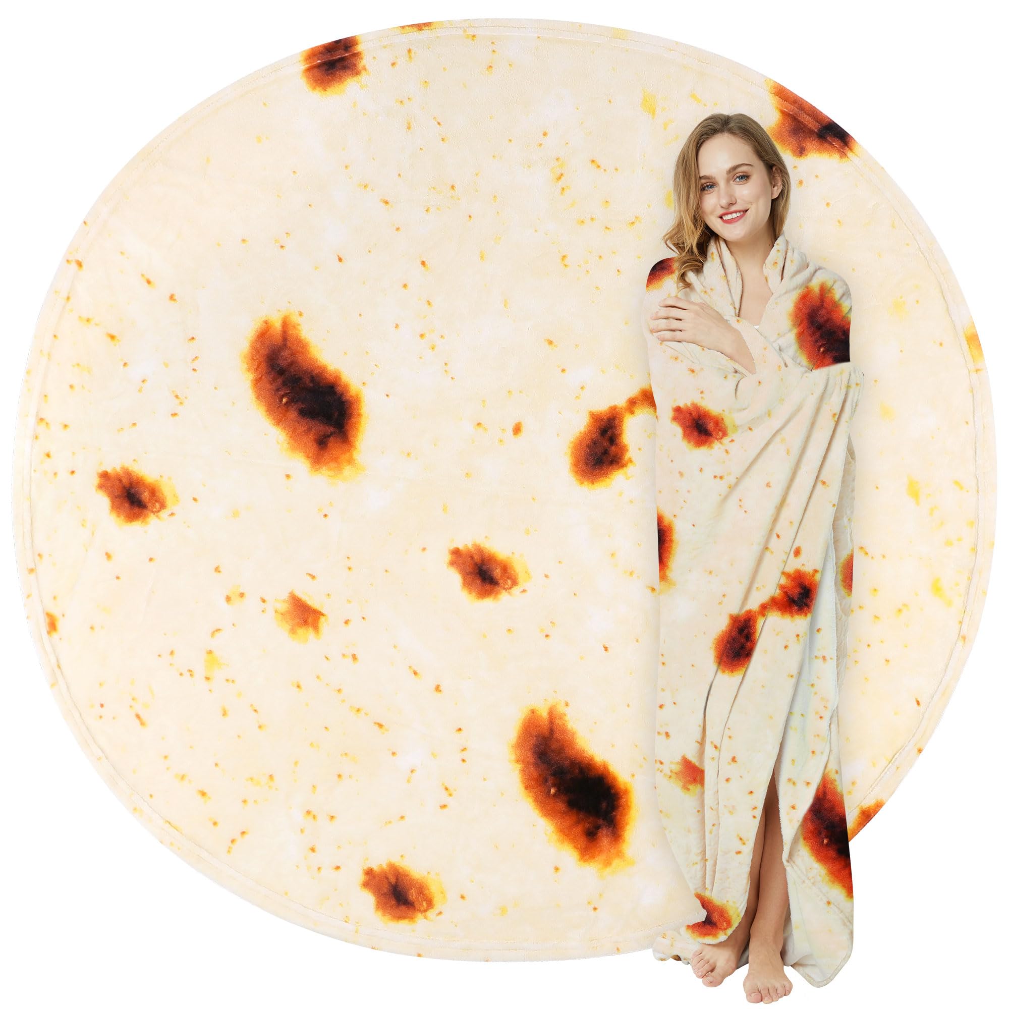LetsFunny 90in Burrito Tortilla Throw Blanket, Double Sided Burritos Taco Tortilla Wrap Blankets for Adults Kids, Novelty Realistic Soft Flannel Round Food Blankets, Christmas Birthday Gifts for Women Image