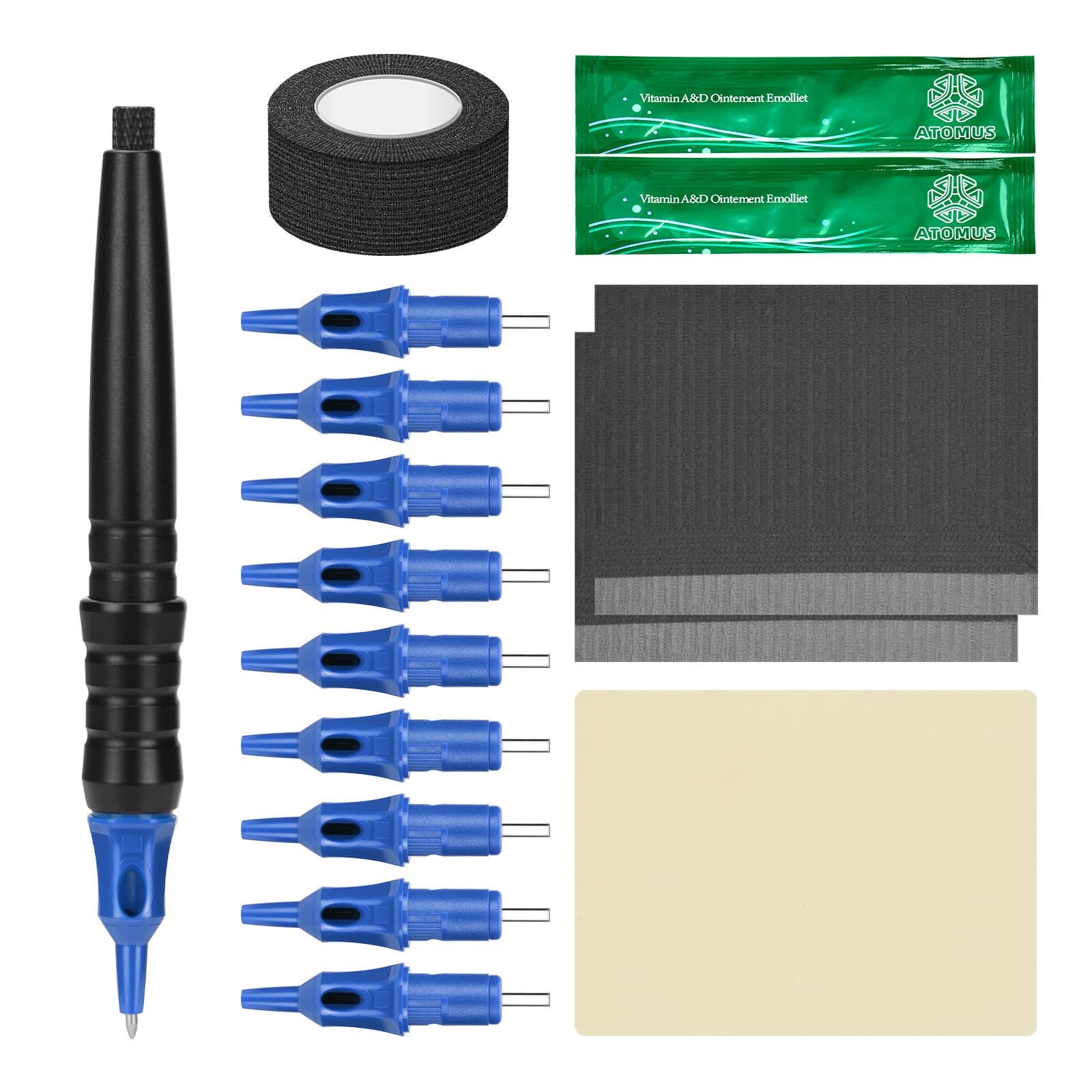 Zalati Tattoo Practice Set - Blue Tattoo Pen with 9 Refills, Practice Skin, Table Mat & Ointment - Beginner Friendly - Adults