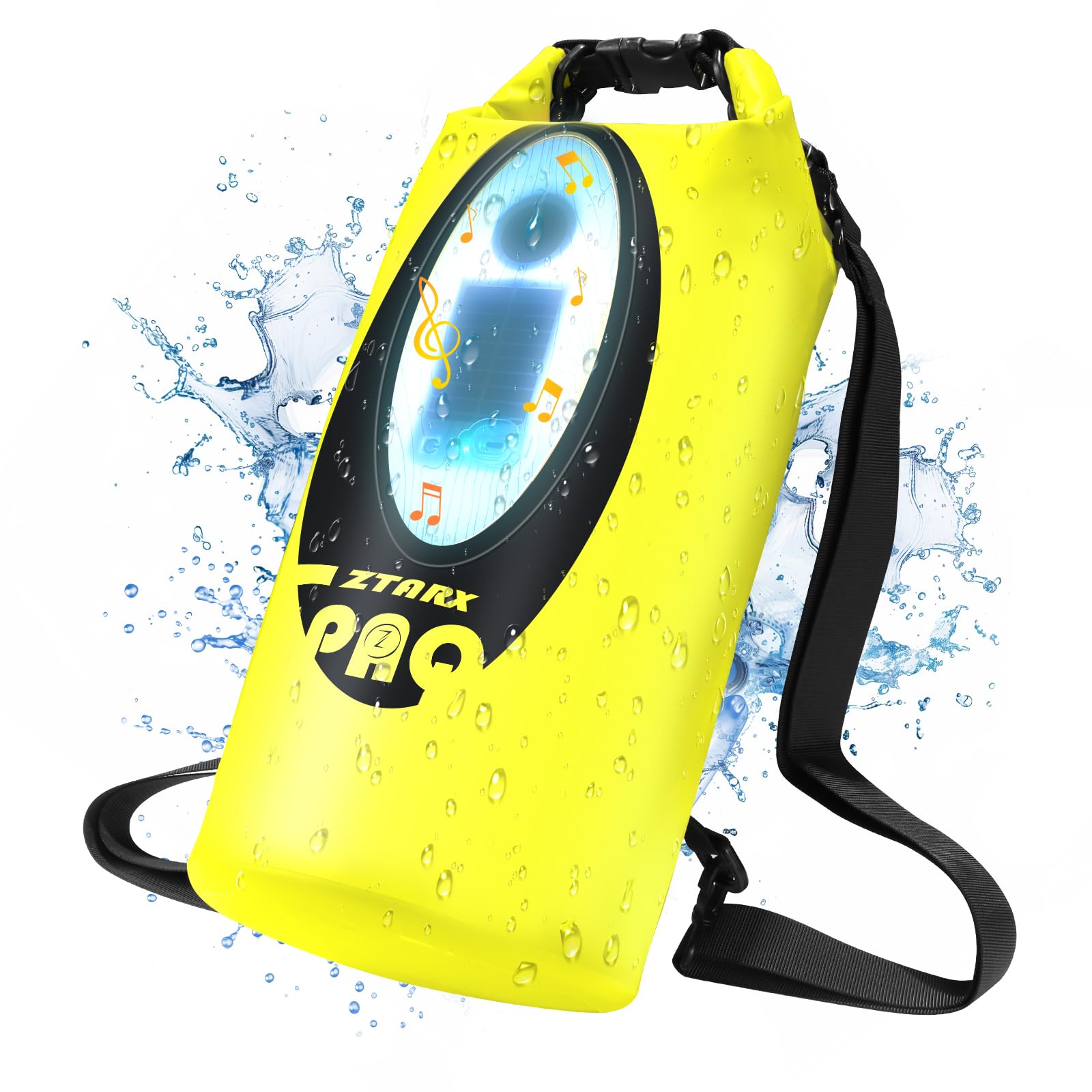LexonElec x ZTARX Waterproof Dry Bag, 10L Roll Top Dry Sack with Solar Charging & Bluetooth Speaker & LED Light, Floating Backpack Keep Things Dry for Kayaking, Camping, Seaside - Fluorescent Yellow