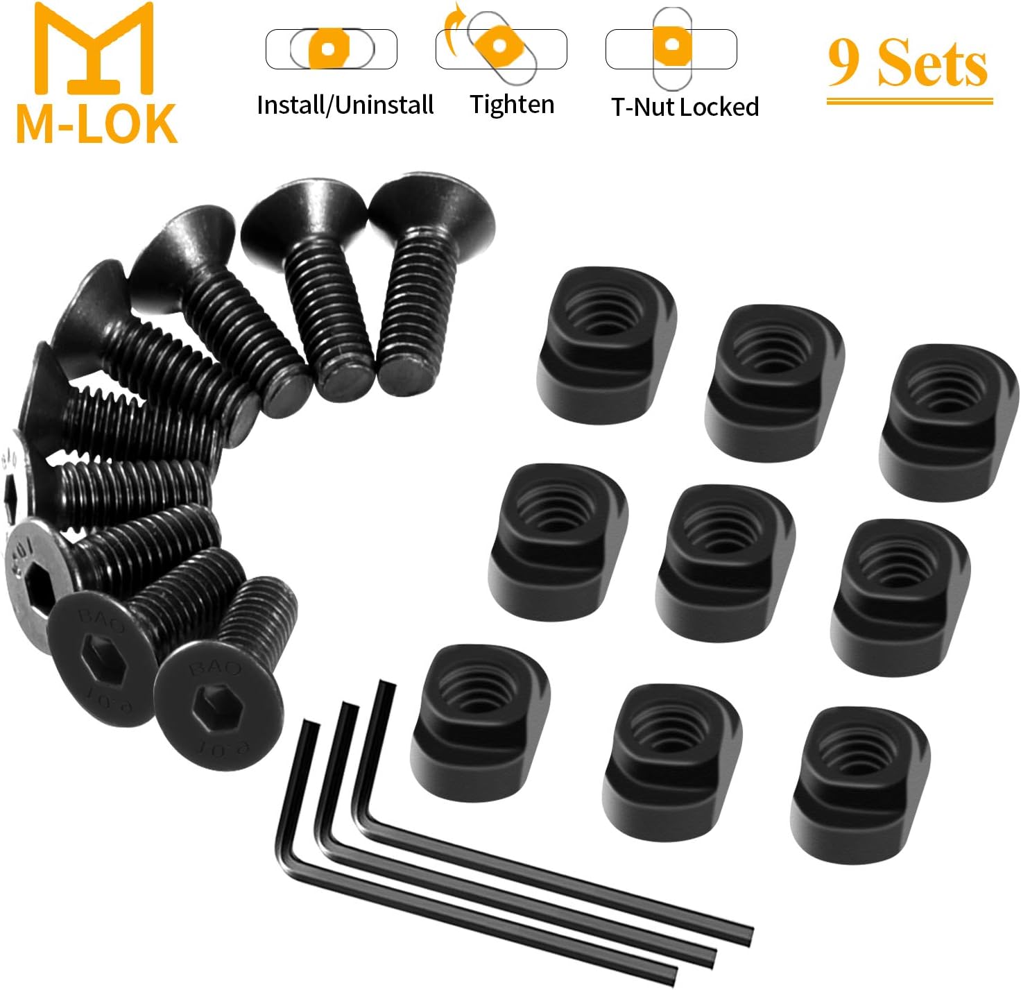 VIAKEY Mlok T-Nut Screw Replacement Set with 3 Allen Wrench, M-lok Rail Mount Long Screws & Nuts Accessories Hardware for Standard M LOK System, Set of 9 : Sports & Outdoors