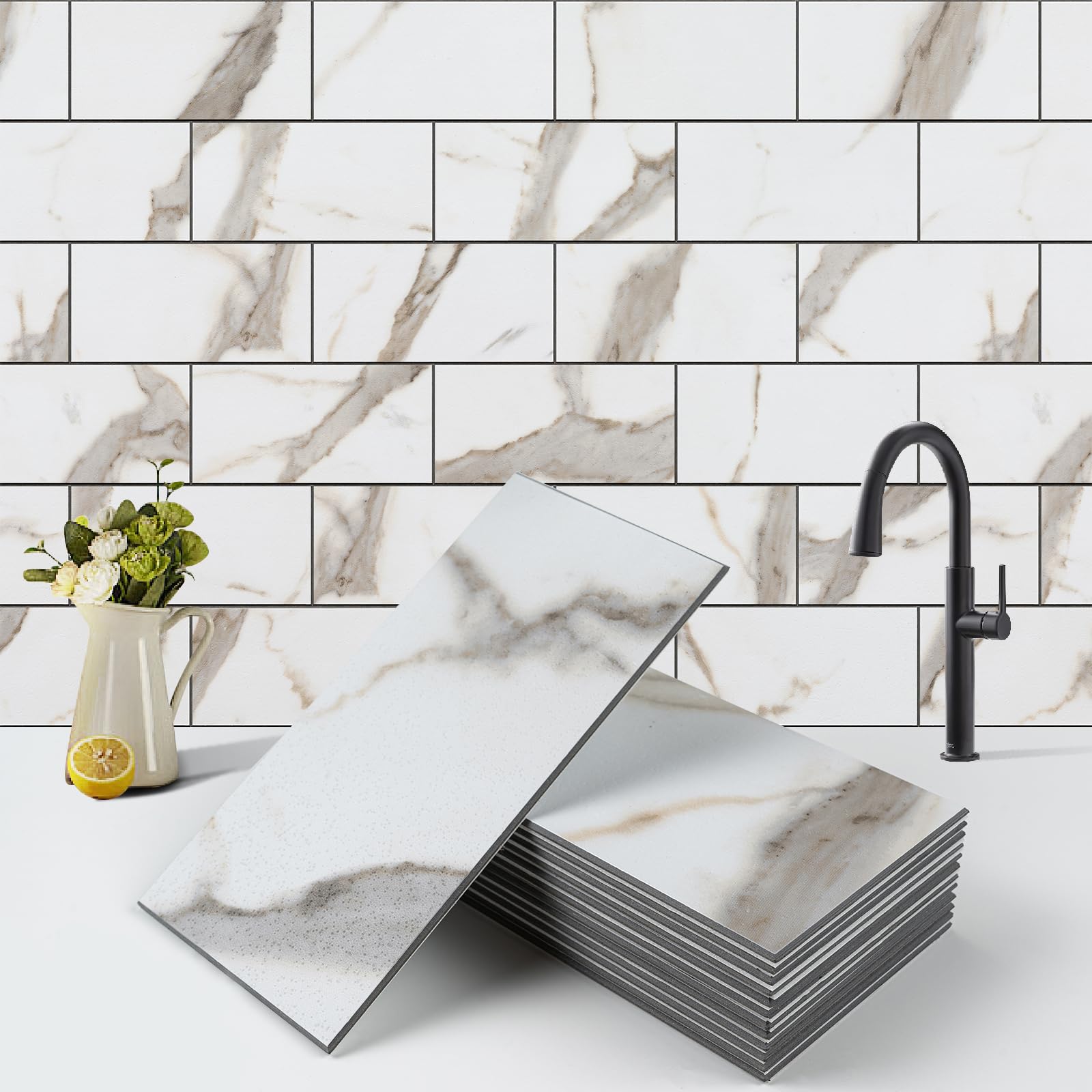 Photo 1 of 100-Piece Faux Stone Peel and Stick Backsplash Tile, Waterproof Thick PVC Stick On Subway Wall Tile for Kitchen Bathroom Laundry Room Fireplace - 3" x 6"