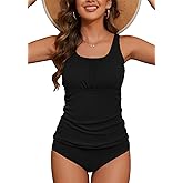 Zando Tankini Swimsuits for Women 2025 Ribbed Ruched Bathing Suit Top with High Waisted Bottom Two Piece Slimming Swimsuit