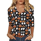 Fall Halloween 3/4 Sleeve V Neck Shirt for Women Funny Doodles Spooky Season Family Party Matching Casual Tops