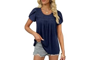 KISSMODA Womens T Shirts Short Sleeve Pleated Dressy Casual Tunic Tops Crew Neck Summer Loose Blouses