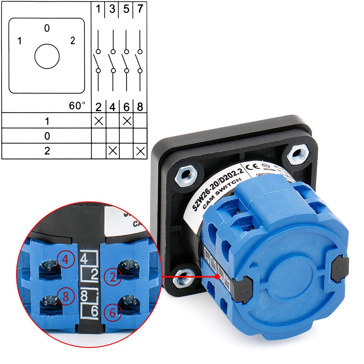 Heschen Universal Rotary Cam Selector Changeover Switch SZW26-20/D202.2 660V 20A ON-OFF-ON 3 Position 2 Phase 8 Terminals - Image 5