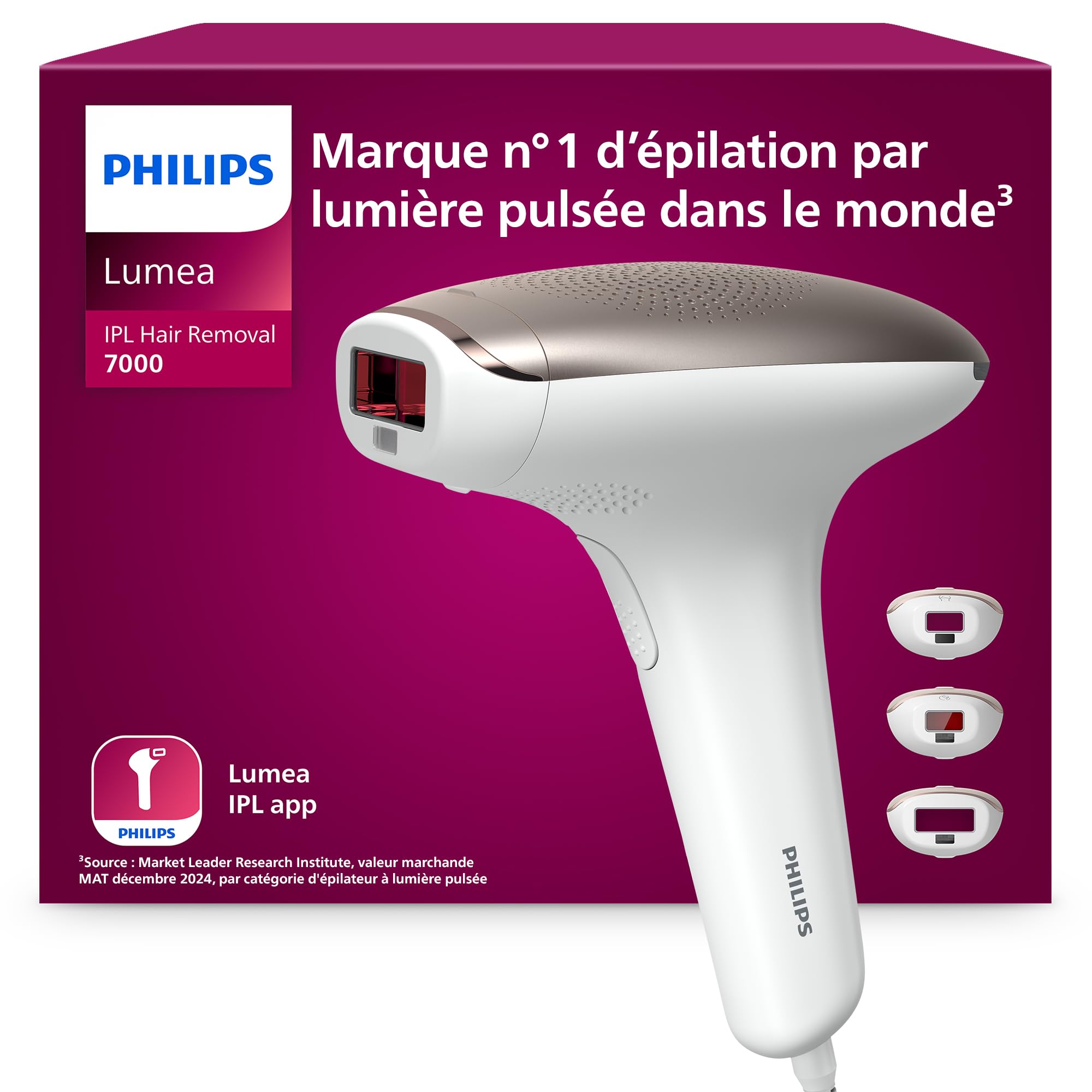 Philips Lumea série 7000, Épilateur à lumière pulsée, alternative à l'épilation laser, 3 embouts pour le corps, le visage et le maillot, modèle SC1999/00