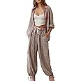 KMBANGI Women 2 Piece Lounge Y2k Pajamas Set Long Sleeve Button Down Shirt Wide Leg Pants Plaid Striped Pjs Sleepwear