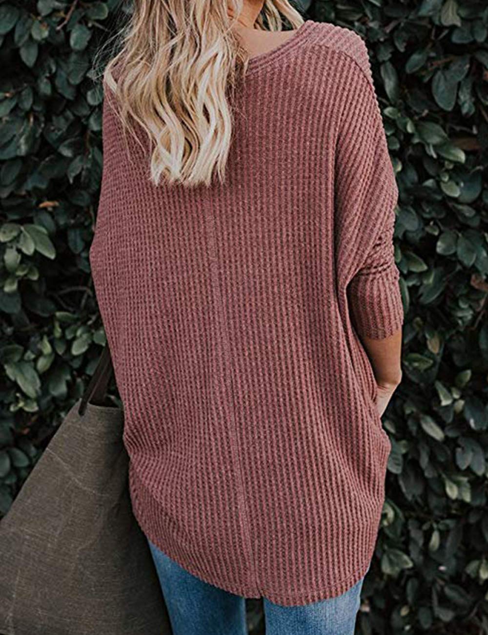 Poplover Womens Loose Knit Tunic Blouse Bow Henley Tops with Button Wine red Large