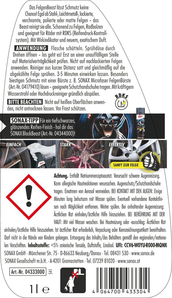 SONAX FelgenBeast (1 Liter) Felgenreiniger für alle polierten, verchromten und matten Stahl- & Leichtmetallfelgen | Art-Nr. 04333000 2