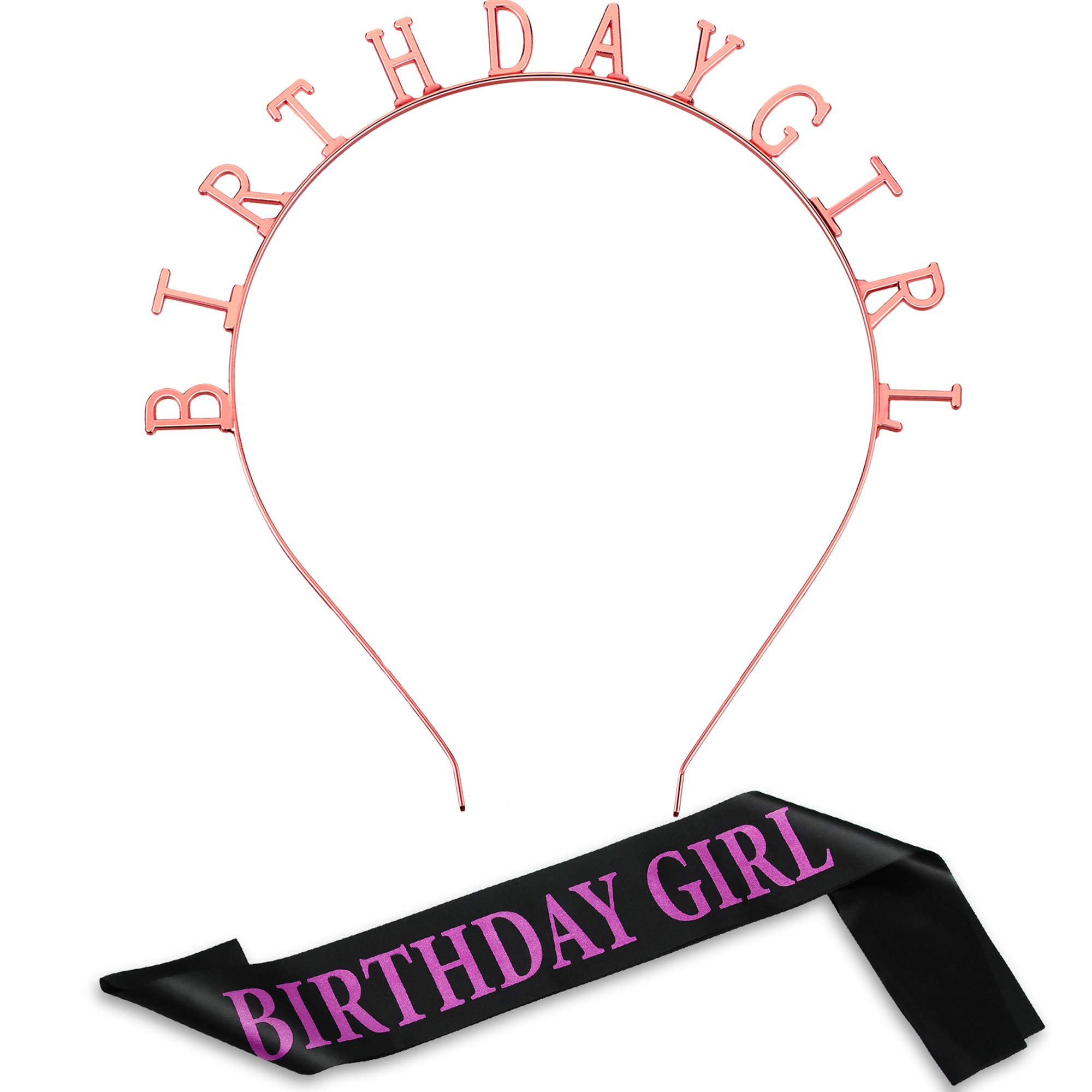 Birthday Headpiece Girl Tiara Headband Birthday Satin Sash for Party Decorations Supplies (Rose Gold)