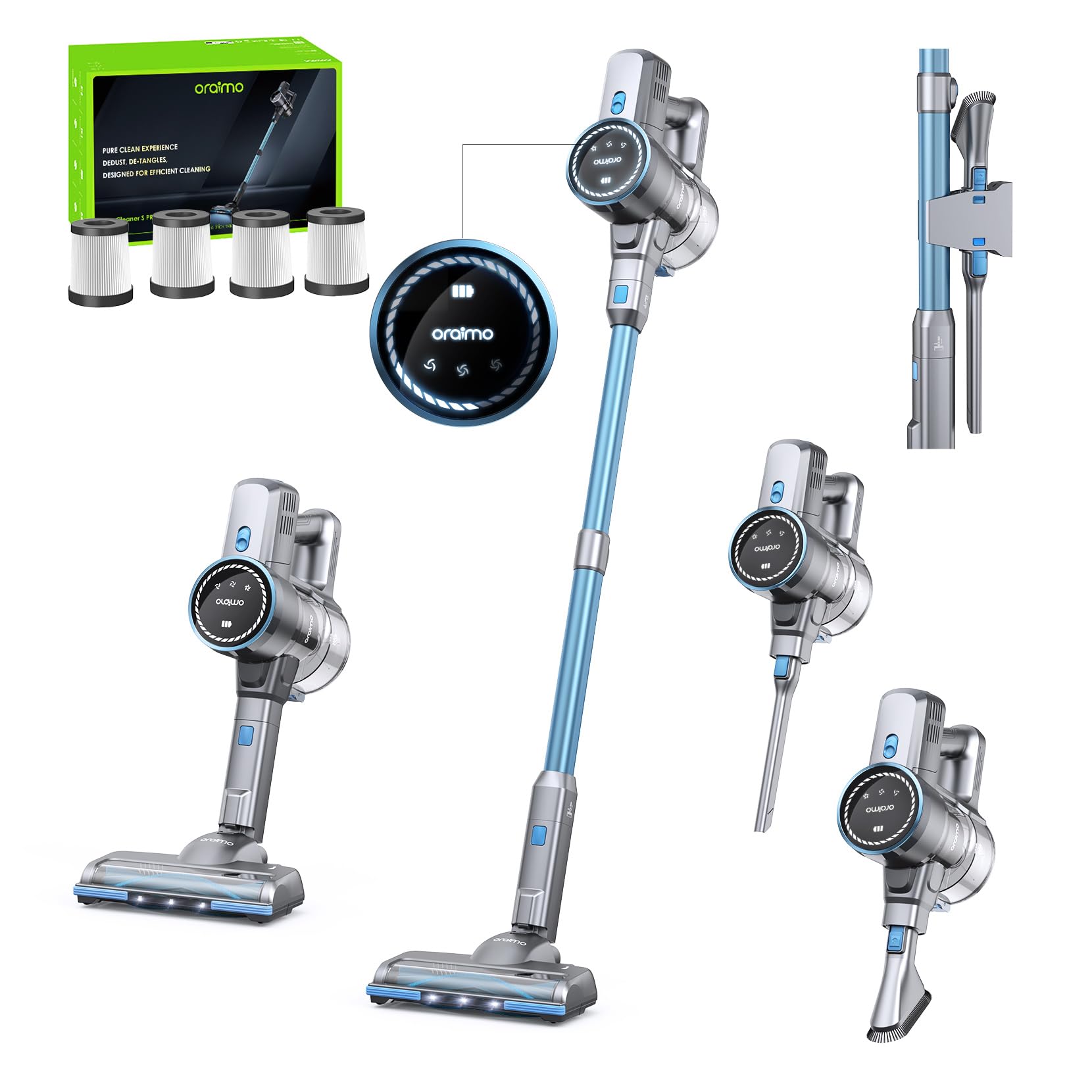 Oraimo Cordless Vacuum Cleaner, 45 Mins Max Runtime, Stick Vacuum 270W/ 24Kpa, LED Display with Battery Indicator, 3 Power Suction, Self-Standing, Anti-entangle Floor Brush (Grey)