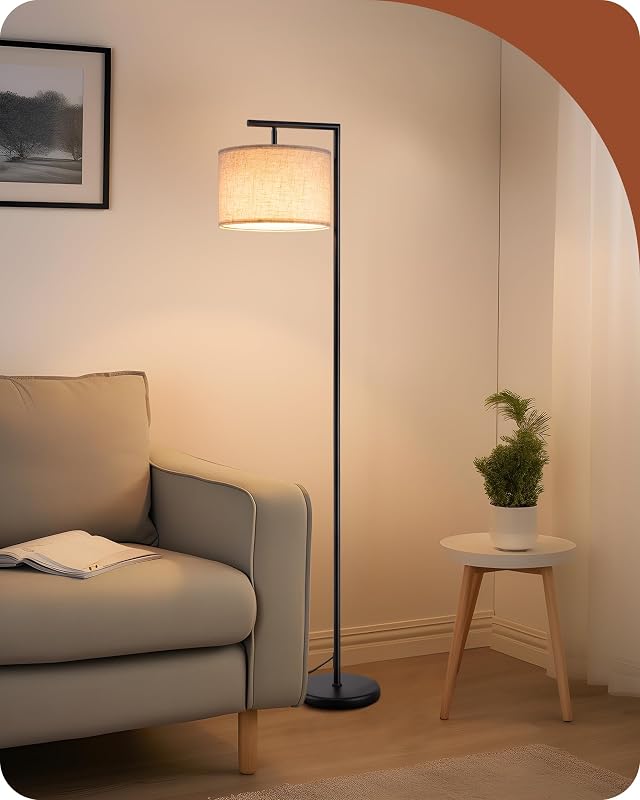 Lampadaire sur Pied Salon avec Abat-jour à Angle Réglable en Lin Beige, E27 Douille, 2700K Ampoule Incluse, Lampe à Pied en Métal avec Interrupteur à Pédale pour Chambre, Salon, Bureau
