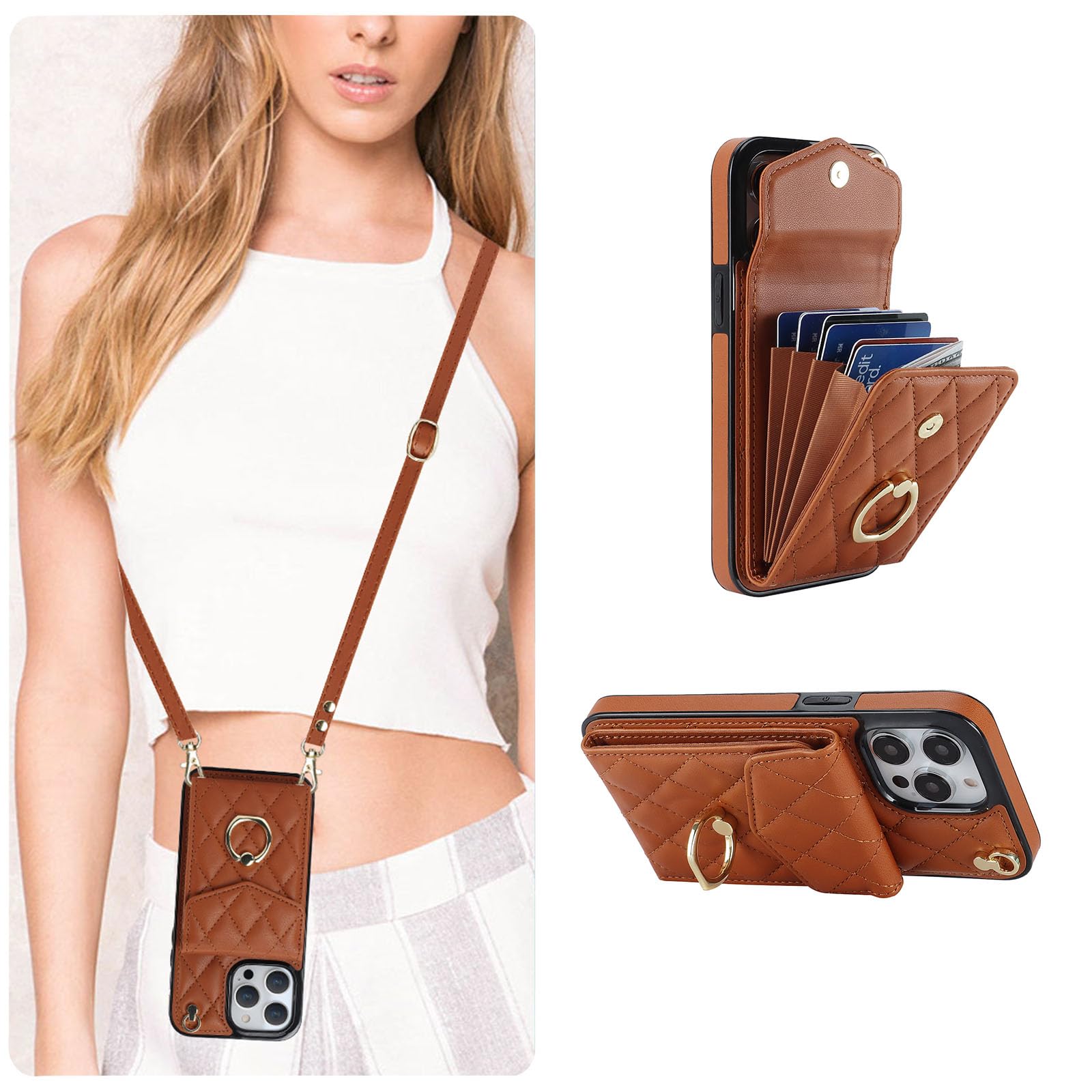 QLTYPRI Crossbody Wallet Case for iPhone 14 Pro,PU Leather Phone Case with RFID Blocking Card Slots Holder 360° Rotatable Ring Kickstand Wrist Strap Lanyard Handbag Purse Cover for iPhone 14 Pro–Brown