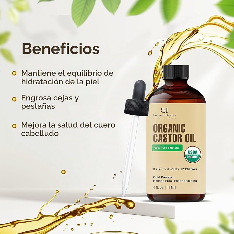 Aceite de ricino | 100% puro y natural, prensado en frío, orgánico | 118,3 ml | Para cabello, pestañas y cejas | Sin hexano | Absorción rápida | Con gotero y aplicadores